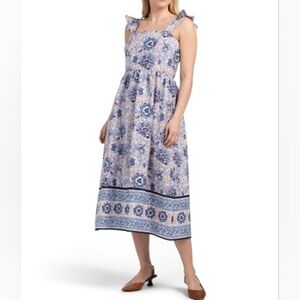 NWT - Anne Klein Smocked Back Ruffle Sleeve Blue Multi Floral Midi Dress-Sz 16